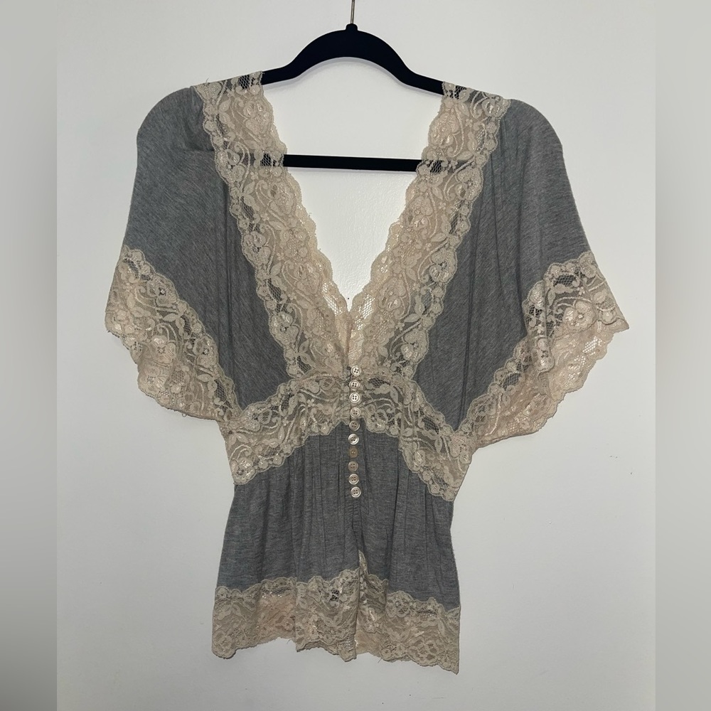 Light Gray with tan lace shirt. Size Small